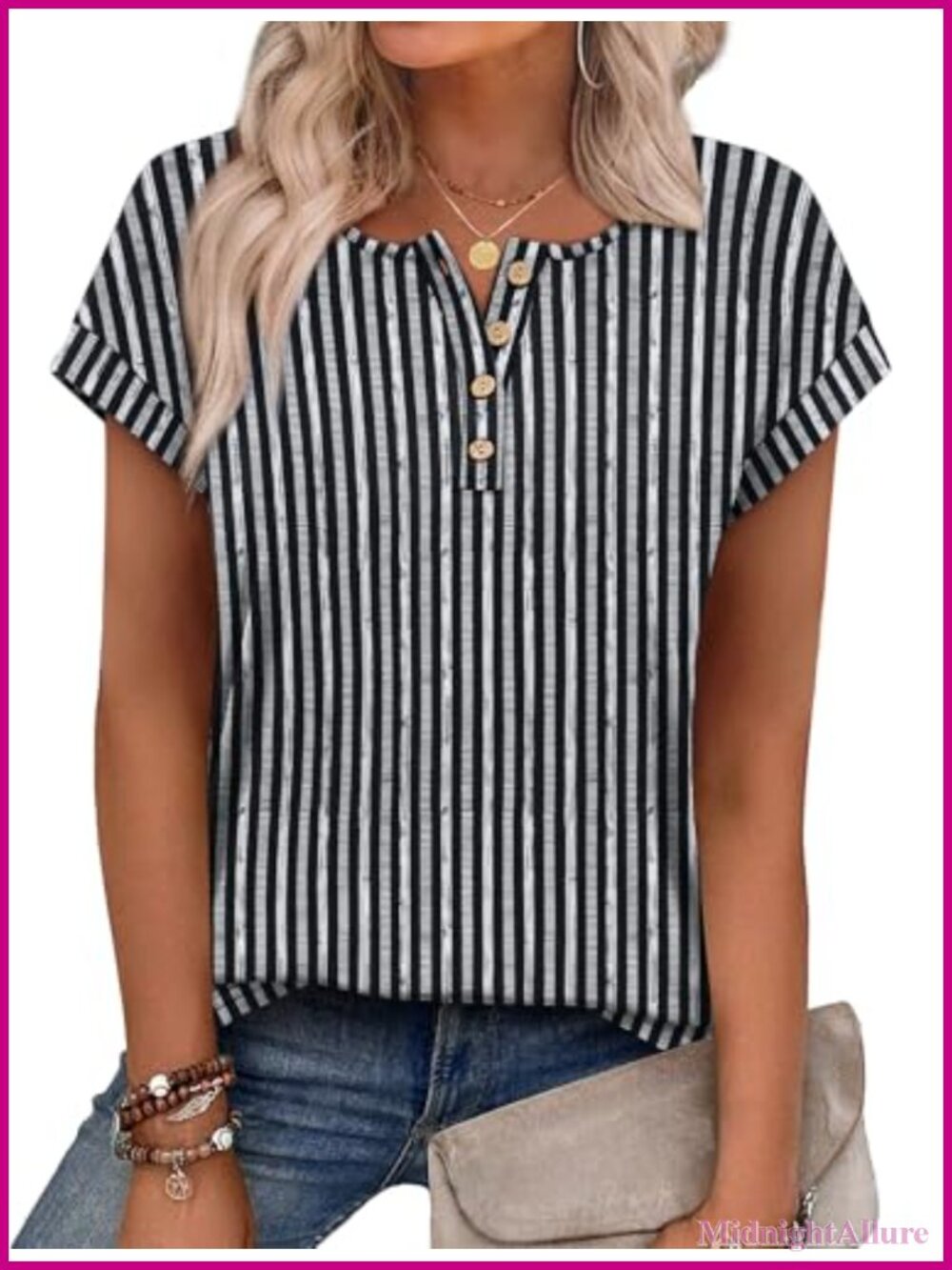 Women's Short Sleeve Henley Blouse Button Down Business Casual Summer Top